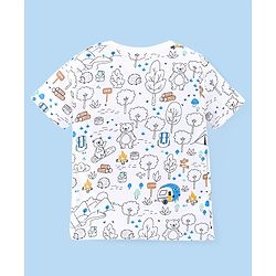 Babyhug Single Jersey Woven Dungaree and Half Sleeves T-Shirt Set with Bear Print & Embroidery - White & Sky Blue