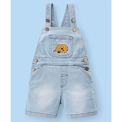 Babyhug Single Jersey Woven Dungaree and Half Sleeves T-Shirt Set with Bear Print & Embroidery - White & Sky Blue