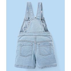 Babyhug Single Jersey Woven Dungaree and Half Sleeves T-Shirt Set with Bear Print & Embroidery - White & Sky Blue