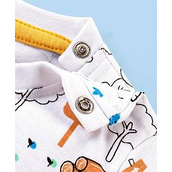 Babyhug Single Jersey Woven Dungaree and Half Sleeves T-Shirt Set with Bear Print & Embroidery - White & Sky Blue