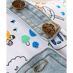 Babyhug Single Jersey Woven Dungaree and Half Sleeves T-Shirt Set with Bear Print & Embroidery - White & Sky Blue