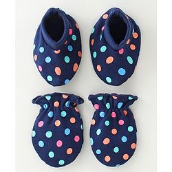Babyhug 100% Cotton Mittens & Booties Polka Dots Print - Navy Blue