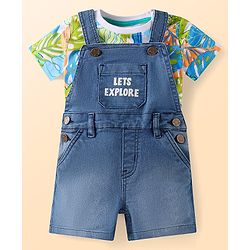Babyhug Single Jersey Knit Half Sleeves Tropical Printed T-Shirt & Dungaree Set - Navy Blue & Green
