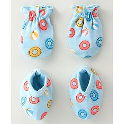 Babyhug 100% Cotton Mittens & Booties Water Rings Print - Blue