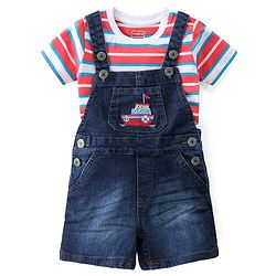 Babyhug Single Jersey Woven Dungaree with Half Sleeves Striped T-Shirt Boat Embroidery - Navy Blue