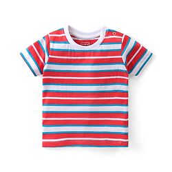 Babyhug Single Jersey Woven Dungaree with Half Sleeves Striped T-Shirt Boat Embroidery - Navy Blue