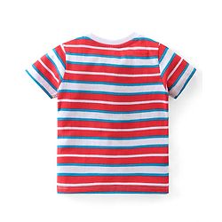 Babyhug Single Jersey Woven Dungaree with Half Sleeves Striped T-Shirt Boat Embroidery - Navy Blue
