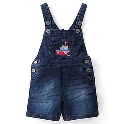 Babyhug Single Jersey Woven Dungaree with Half Sleeves Striped T-Shirt Boat Embroidery - Navy Blue