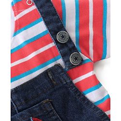 Babyhug Single Jersey Woven Dungaree with Half Sleeves Striped T-Shirt Boat Embroidery - Navy Blue