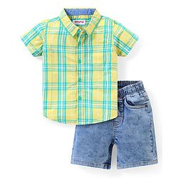 Babyhug Cotton Woven  Half Sleeves Checks Shirt & Denim Shorts Set - Multicolour