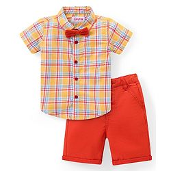 Babyhug Cotton Woven Half Sleeves Checks Shirt & Shorts Set with Bow - Multicolour