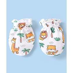 Babyhug 100% Cotton Mittens & Booties Set Animal Print - White