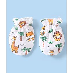 Babyhug 100% Cotton Mittens & Booties Set Animal Print - White