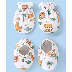 Babyhug 100% Cotton Mittens & Booties Set Animal Print - White