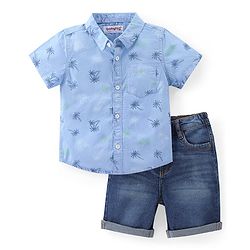 Babyhug Cotton Woven Half Sleeves Shirt & Knee Length Denim Shorts Set With Palm Trees Print - Blue