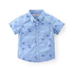 Babyhug Cotton Woven Half Sleeves Shirt & Knee Length Denim Shorts Set With Palm Trees Print - Blue