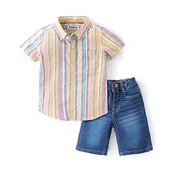 Babyhug Cotton Woven Half Sleeves Striped Shirt & Denim Shorts Set - Multicolor