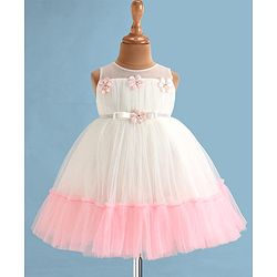 Babyhug Woven Sleeveless Fit & Flared Tiered Party Frock with Floral Detailing - Pink & White