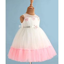 Babyhug Woven Sleeveless Fit & Flared Tiered Party Frock with Floral Detailing - Pink & White