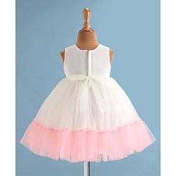 Babyhug Woven Sleeveless Fit & Flared Tiered Party Frock with Floral Detailing - Pink & White