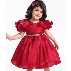 Babyhug Frill Sleeves Party Fit & Flared Party Frock with Floral Applique - Red