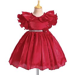 Babyhug Frill Sleeves Party Fit & Flared Party Frock with Floral Applique - Red