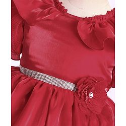 Babyhug Frill Sleeves Party Fit & Flared Party Frock with Floral Applique - Red
