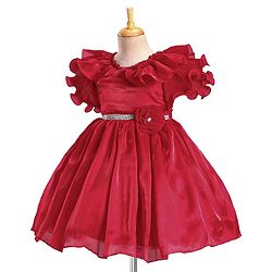 Babyhug Frill Sleeves Party Fit & Flared Party Frock with Floral Applique - Red