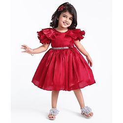 Babyhug Frill Sleeves Party Fit & Flared Party Frock with Floral Applique - Red