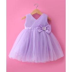 Babyhug Woven Sleeveless Fit and Flare Mesh Party Frock With Bow Applique - Purple