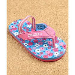 Cute Walk by Babyhug Slip On Flip Flops with Back Strap & Floral Print - Blue & Pink
