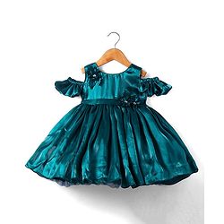Babyhug Woven Sleeveless Party Balloon Dress With Frilled Sleeves & Floral Applique - Bottle Green