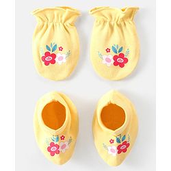 Babyhug 100% Cotton Knit Floral Print Mittens & Booties - Yellow