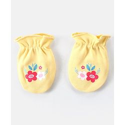 Babyhug 100% Cotton Knit Floral Print Mittens & Booties - Yellow