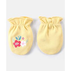 Babyhug 100% Cotton Knit Floral Print Mittens & Booties - Yellow