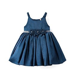 Babyhug Woven Singlet Sleeves Fit & Flared Party Frock with Floral Corsage - Teal Blue