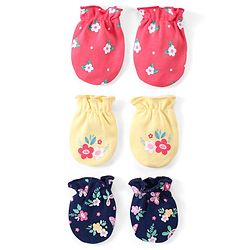 Babyhug 100% Cotton Interlock Knit Mittens with Floral Print Pack of 3 - Pink Yellow & Navy