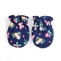 Babyhug 100% Cotton Interlock Knit Mittens with Floral Print Pack of 3 - Pink Yellow & Navy