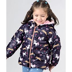 Babyhug Woven Full Sleeves Hooded Jacket with Unicorn Print - Blue