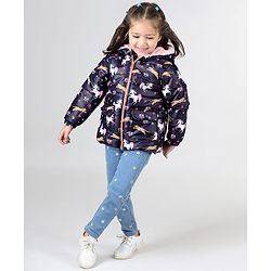 Babyhug Woven Full Sleeves Hooded Jacket with Unicorn Print - Blue