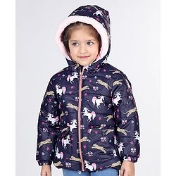 Babyhug Woven Full Sleeves Hooded Jacket with Unicorn Print - Blue