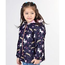 Babyhug Woven Full Sleeves Hooded Jacket with Unicorn Print - Blue