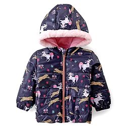 Babyhug Woven Full Sleeves Hooded Jacket with Unicorn Print - Blue