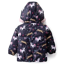 Babyhug Woven Full Sleeves Hooded Jacket with Unicorn Print - Blue