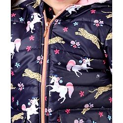 Babyhug Woven Full Sleeves Hooded Jacket with Unicorn Print - Blue