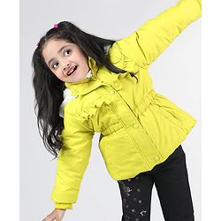 Babyhug Full Sleeves Padded Hoodie with Frill Detailing & Kangaroo Pockets - Lime