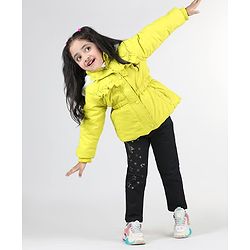Babyhug Full Sleeves Padded Hoodie with Frill Detailing & Kangaroo Pockets - Lime