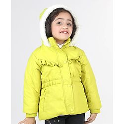 Babyhug Full Sleeves Padded Hoodie with Frill Detailing & Kangaroo Pockets - Lime