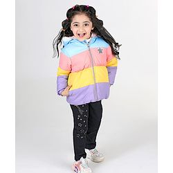 Babyhug Full Sleeves Padded Hooded Jacket with Colour Block & Star Patch Work Detailing - Multicolour