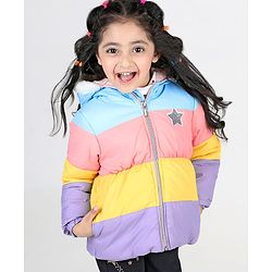 Babyhug Full Sleeves Padded Hooded Jacket with Colour Block & Star Patch Work Detailing - Multicolour